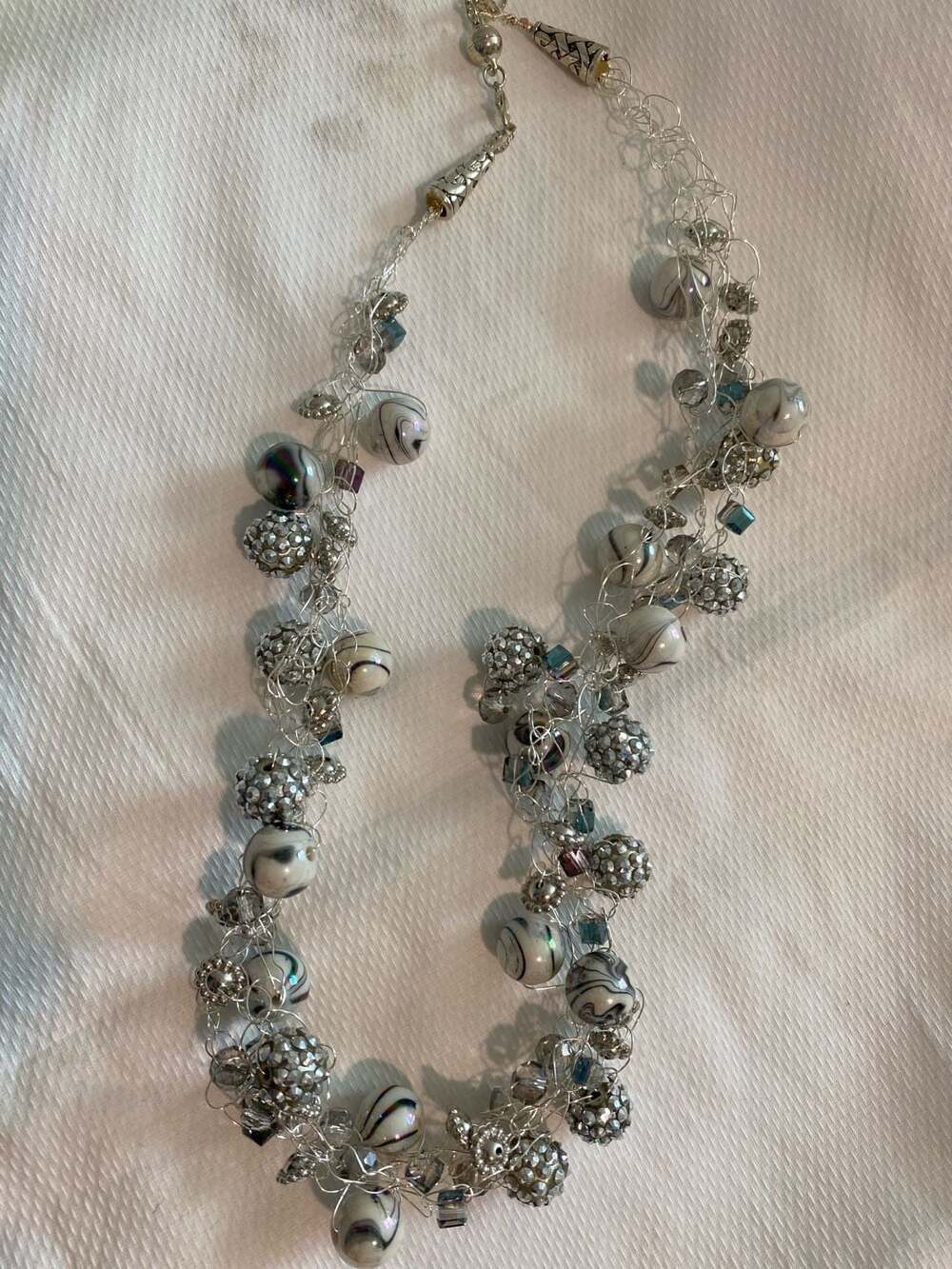 Unbranded Silver Wire Crochet Cluster Necklace with Marbled and Rhinestone Beads